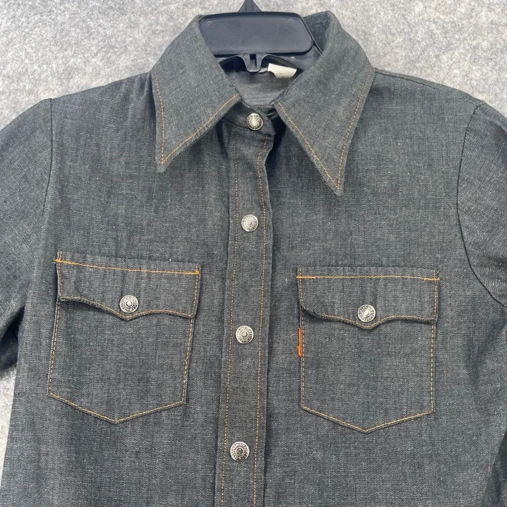 VTG Levis 70 Orange Tab Denim Shirt Men Small Gray Western Metal Snap Button USA